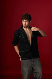 Black Denim Shirt Cuban Collar